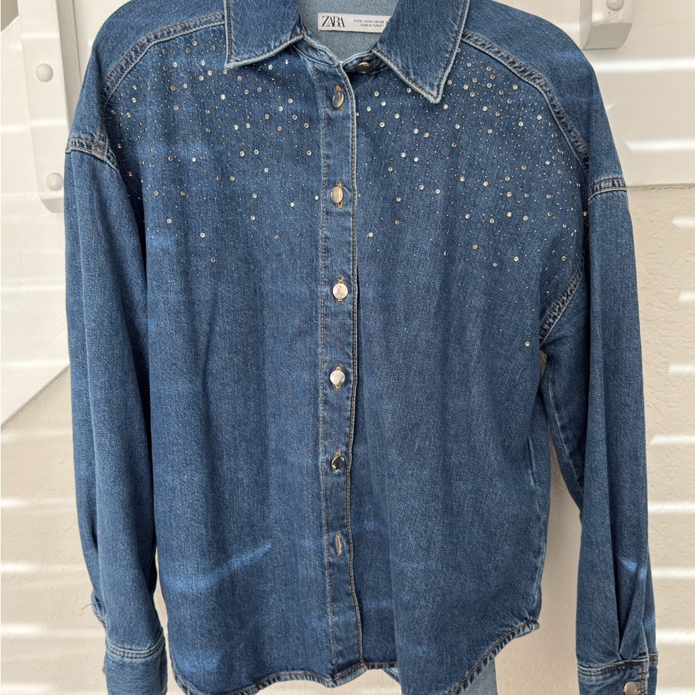 Zara Dark Blue Denim Shirt with Rhinestone Accents